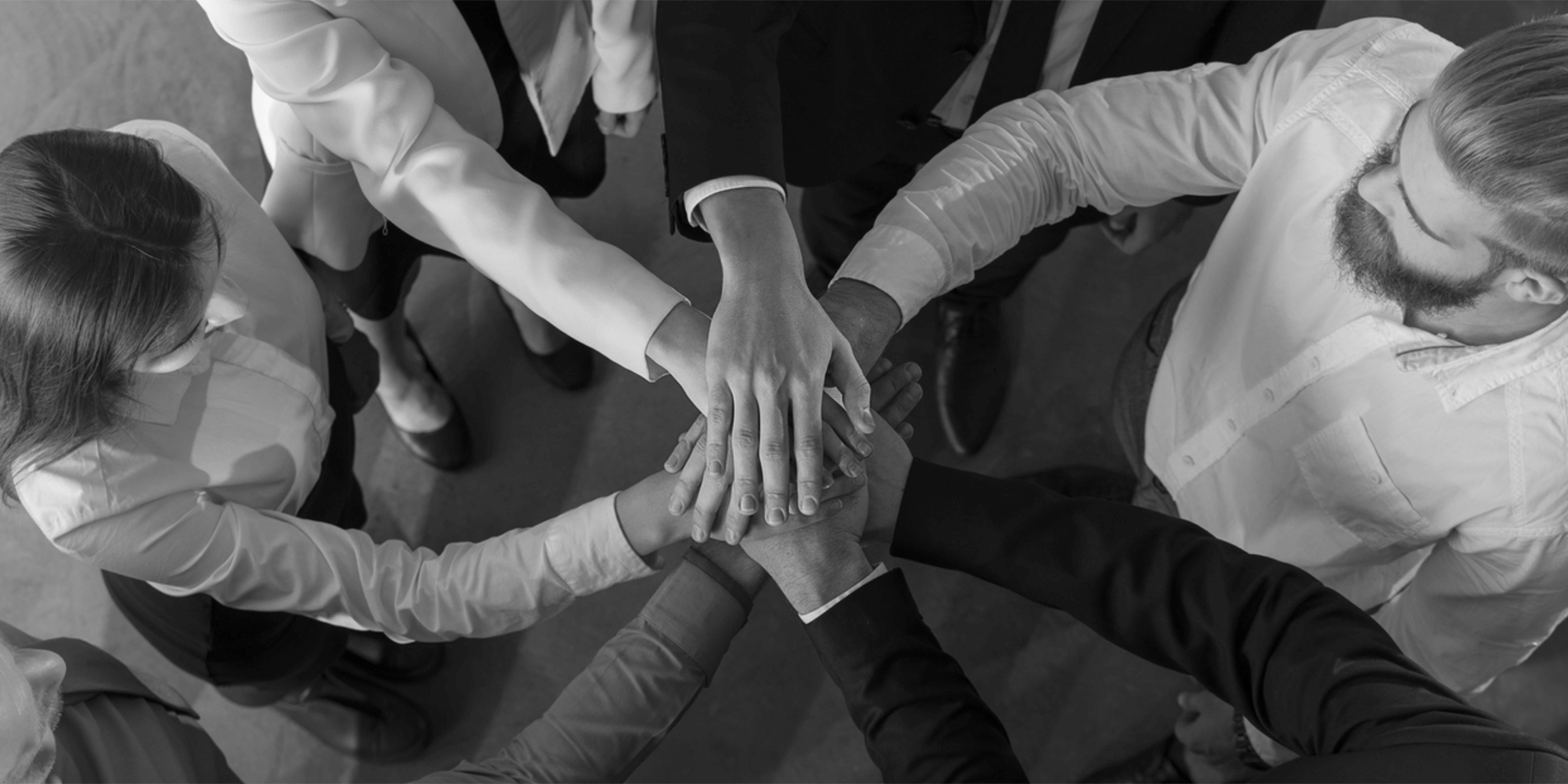 funcionarios de todas as areas com as mãos unidas