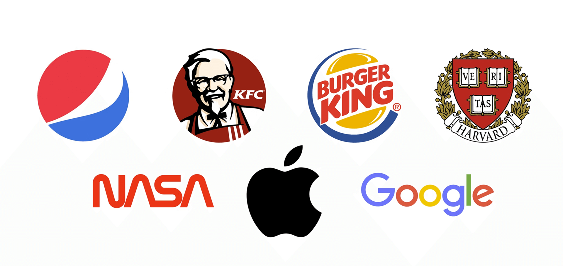 Logo da Pepsi, KFC, Burguer King, Harvard, Nasa, Apple, Google.